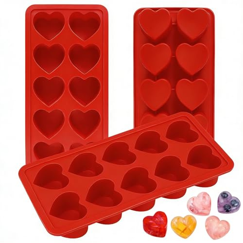 3PCS Red Heart Shaped Mold Silicone, 10-Cavity Chocolate Heart Mold Silicone Small Non-stick Mould for Baking Homemade Treats Mould for Epoxy Resin Valentine Crafts Candy Jelly Gummy Food Candles