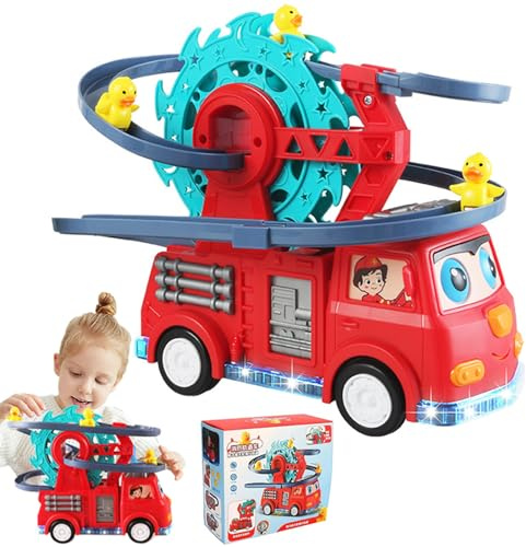 Feuerwehr Entenrutsche Spielauto, Feuerwehr Auto mit Entenrutsche, Elektrische Ente Treppensteigen Spielzeug, Kinder Rennbahn Spielzeug mit 3 Enten, Sound & LED Licht, Lernspielzeug für Kinder