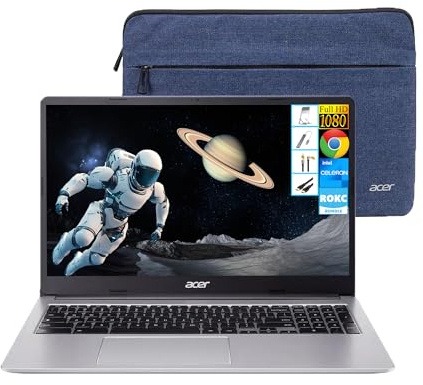 acer Chromebook 315 Laptop FHD IPS de 15.6 pulgadas, CPU Intel de 2 núcleos, 4 GB de RAM, 64 GB eMMC, Chrome OS, Wi-Fi 6, funda protectora, ligera, seguridad integrada, batería para todo el día para