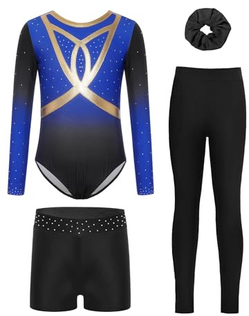 Alvivi 4Pcs Mädchen Turnanzug Glitzer Gymnastikanzug mit Hose Shorts Haarband Farbverlauf Langarm Ballettanzug Turntrikot Gymnastik Kleidung