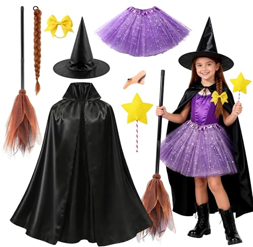 Creerluces Witch Costume for Girls World Book Day Costume, Cape, Nose Prop, Hat, Magic Wand, Brown Braid, Purple Tutu Skirt for Girls Witch Costume Set Halloween, World Book Day School Parade