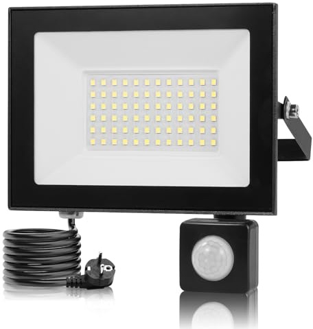 50W Focos LED Exterior con Sensor de Movimiento,3000K Blanco Cálida Foco Exterior con Enchufe & 145cm Cables,5000LM Foco Proyector LED,IP66 Impermeable Luz de Seguridad para Jardín Patios Garaje