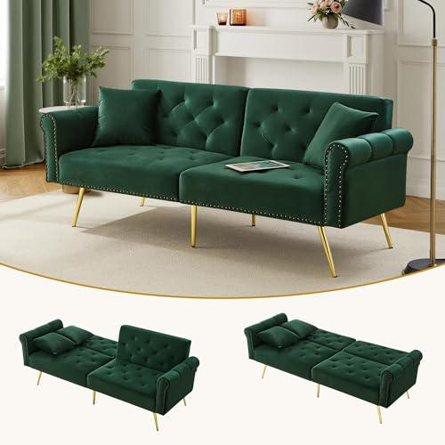 YanguVibes Schlafsofa 2 Sitzer Sofa mit Schlaffunktion, Schlafcouch Klappsofa mit Verstellbare Rückenlehne, Polstersofa für Wohnzimmer, Wohnung, Sofa aus Samtbezug, Büro Smaragdgrün