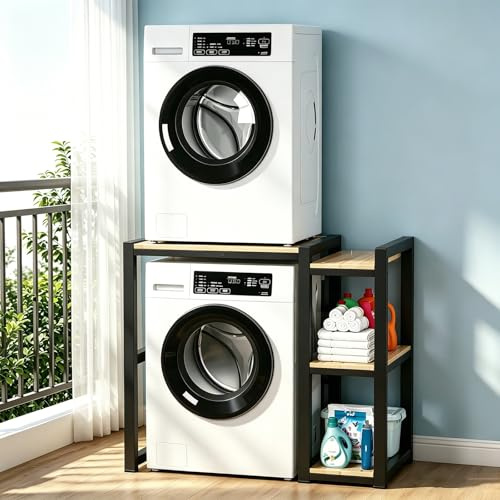 Estantería Lavadora y Secadora con Estantes Laterales, Mueble para Lavadora Altura Ajustable, Estante Superior para Lavadora de Acero Reforzado(Black)
