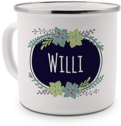 printplanet Emaille-Tasse mit Namen Willi - Metallbecher mit Design Flowers - Nostalgie-Becher, Camping-Tasse, Blechtasse, Farbe Silber