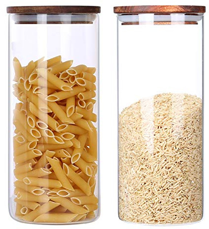 KKC Kaffeedose Luftdicht Durchsichtig - Müslidose Glas Vorratsdosen mit Holzdeckel - Vorratsgläser für Kaffeebohnen, Mehl, Zucker, Losen tee, Haferflocken Aufbewahrung - 2er Set Müsli Dose 1450ml