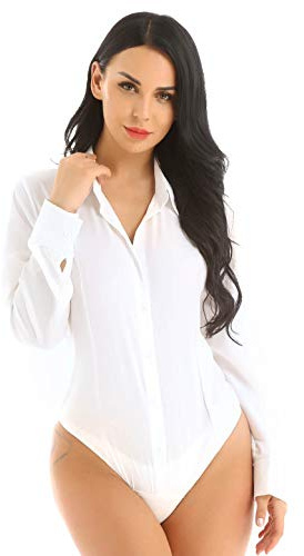 dPois Damen Blusenbody Langarm Body Hemd Oberteil mit Kragen Bodysuit Unterhemd Bluse Jumpsuit Frauen Business Arbeit Kleidung Weiß Large