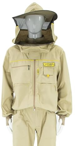 LYSON Imkerbluse mit abnehmbarem Hut/Imkerjacke mit Handstulpen mit Daumenloch Unisex Imkerbluse belüftet Professionelle Imkerbekleidung, Imkerjacke mit Reißverschluss PREMIUM (M, Beige)