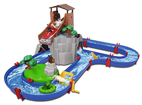 BIG Spielwarenfabrik 8700001647 AquaPlay - AdventureLand - Wasserbahn mit Berg, Turm und Stausee, Spieleset inkl. 2 Tierfiguren, Motorboot und Speedboot, für Kinder ab 3 Jahren, Mehrfarbig