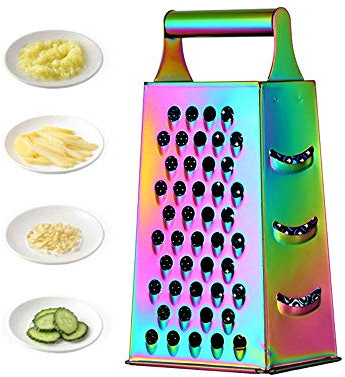 Large Stainless Steel 4 Sides Grater Slicer with Handle, Multifunctional Cutter Planing for Ginger, Garlic, Cucumbers, Carrots, Cheese, Potato, Ergonomic Design Kitchen Gadgets Accessories Rainbow