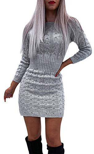 Robe Pull Femme Hiver chic Sexy Moulant Hiver Chaud en Tricot Pas Cher A La Mode en Laine Pullover Manches Longues Vintage Hauts Tendance Décontractée (Gris, S)