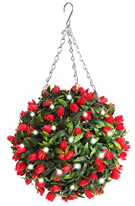Best Artificial 28cm Pre Lit Tulip Topiary Ball with 30 Bright White LED Waterproof Battery Lights (Red)