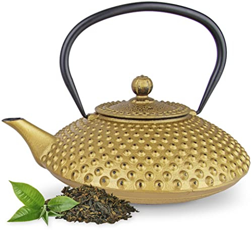 Tealøv TEEKANNE GUSSEISEN 1,25 Liter | Gusseiserne Teekanne im Japanischen Stil | Gusseisen Teekanne mit Sieb aus Edelstahl | Hervorragende Wärmespeicherfähigkeit | Langlebig | Kambin | Voll Gold