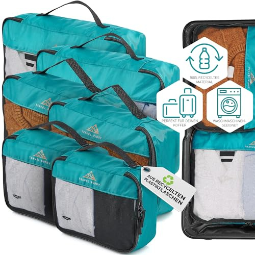 TRAVEL BUDDY® Resväskorganiseringsset – 100 % återvunnet material – ultralätt och tvättbar – 6 packpåsar petrol för din resväska