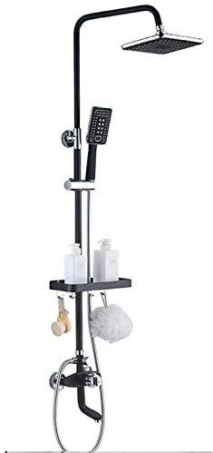 CAZARU Badezimmer-Thermostatmischer-Duschset Schwarz mit Ablage, multifunktionales modernes Bad-Duschmischer-Set Duschsystem für Badezimmer mit Duschstange-Kit-ohne Sprüher-A