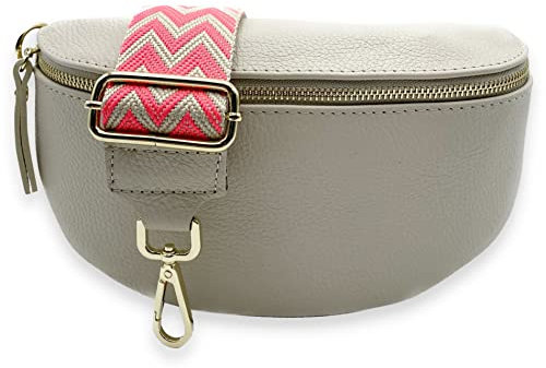 Bauchtasche mit breitem Gurt Damen beige Gold, Leder Crossbody Bag mit breitem Taschengurt, Gürteltasche, Brusttasche, Boom Bag (Neon Zickzack)