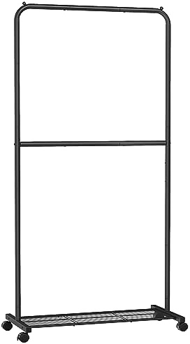 SONGMICS Stand Appendiabiti Doppio, Struttura in Metallo, Portabiti Largo 91 cm, con Ripiano Portaoggetti e Rotelle, 2 Ruote con Freni, Portata di Ogni Barra di 20 kg, Nero HSR027B01