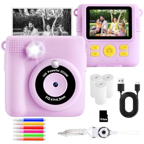 AORILE Kids Instant Print Camera, 1080P HD Digital Camera with 32G SD Card, 3 Rolls Photo Paper & 6 Color Pens, for 3-14 Year Old Girls (Purple)