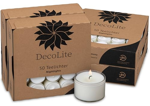 DecoLite Teelichter 8h Brenndauer, transparente Hülle, 200 Stück | Made in Germany, RAL-geprüft für rußarmen Abbrand, Nightlights im klaren Cup, ohne Duft, für Gastronomie & Windlicht