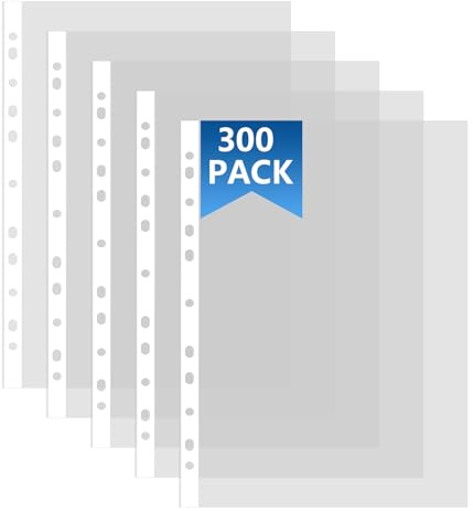 AHAQU 300PCS Punched Pockets A4 Clear 30 Micron Strong Plastic Wallet Sleeves, Top Opening Poly Pockets for Ring Binder Folders
