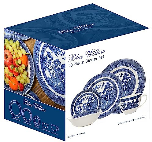 AuraHome Blue Willow 20 Piece Durable Tableware Dinner Set (Cup Saucer Side Dinner Plates Bowls) Iconic Elegant Blue-Printed Scene on White Porcelain Depicts Nature & Historical Imagery