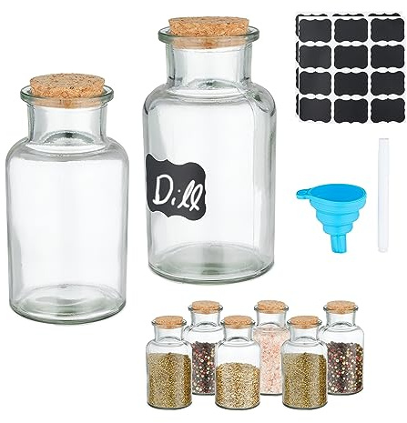 Relaxdays Barattoli Spezie, Set di 8 Vasetti in Vetro 250 ml, Contenitori con Tappo in Sughero, con Etichette e Imbuto, Silicone