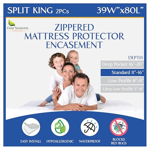 Split King Mattress Encasement 39 x 80 (2PCs) - Waterproof Zippered Protector Hypoallergenic Premium Quality Bed Cover