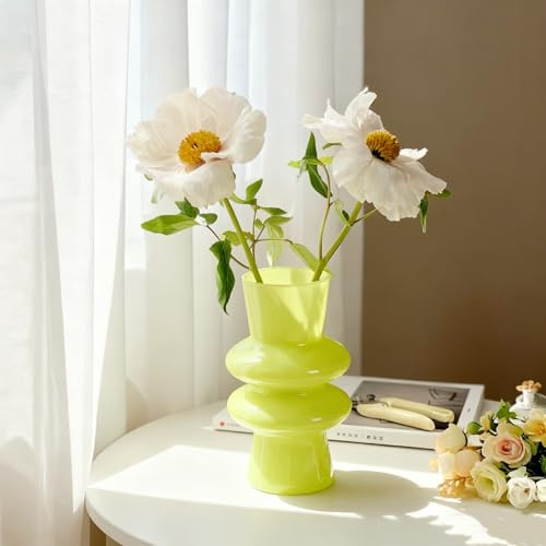 JSPYFITS Glasvasen für Dekoration, 20 cm, vierschichtige Hydrokultur-Glasvase, Blumenvasen, dekorativ für Heimdekoration, flippig, modern, geometrisch für Wohnzimmer/Hochzeit/Party/Büro (Milchgrün)