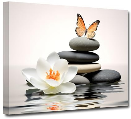 CXHOSTENT Zen Leinwand Kunstdrucke Lotusblumen und Steine Bilder Wanddrucke Schmetterlings Spa Bilder für Badezimmer Yoga Spa Dekoration (D, 30.00 x 45.00 cms)