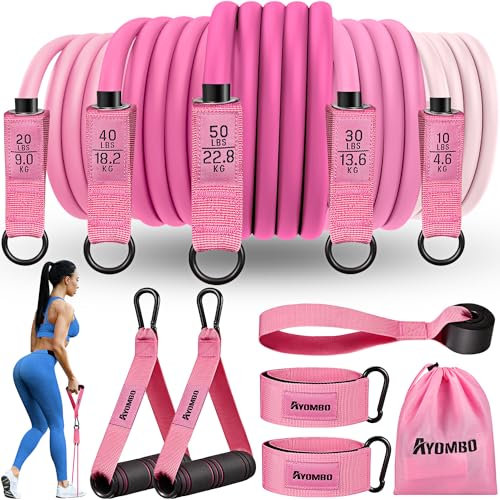 Ayombo Resistance Band Women, Exercise Bands with Handles, Fitness Bands, Workout Bands with Door Anchor Ankle Straps, for Heavy Resistance Training, Physical Therapy, Shape Body, Yoga, Home Gym Set