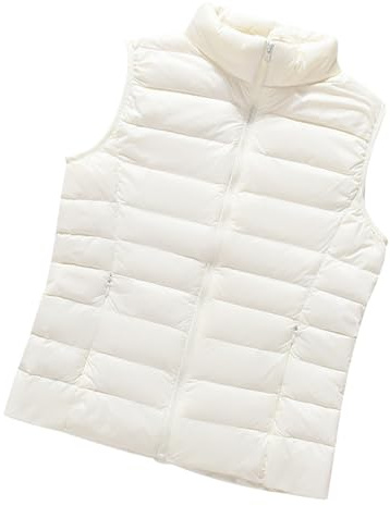 Doudoune Légère Sans Manches Femme Gilet Duvet Veste Fine Matelassé Blouson Rembourré Sleeveless Vest Women Blanc XL