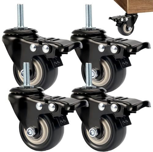 4 Pezzi Ruota Girevole con Perno Filettato, M8x25mm Ruote Piroettanti in Gomma, 50mm Ruote Girevoli con Freno, Silenzioso Rotelle per Mobili Pesanti, per Carrello e Mobili, Carico 210kg