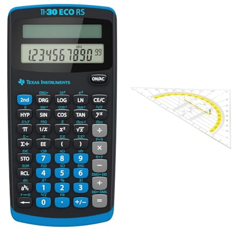 Texas Instruments TI-30 ECO RS Schulrechner, Technisch-Wissenschaftlich (Einzeiliges 10-stelliges Display, Solarbetrieb) Schwarz & TSI Geodreieck mit Griff, 16 cm, transparent, Art. 46318