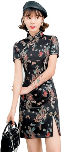 ZNLFS Cheongsam klänning bodycon mandarin krage kortärmad smal passform sidoslits blommönster drake mini Qipao, Svart drake, 36
