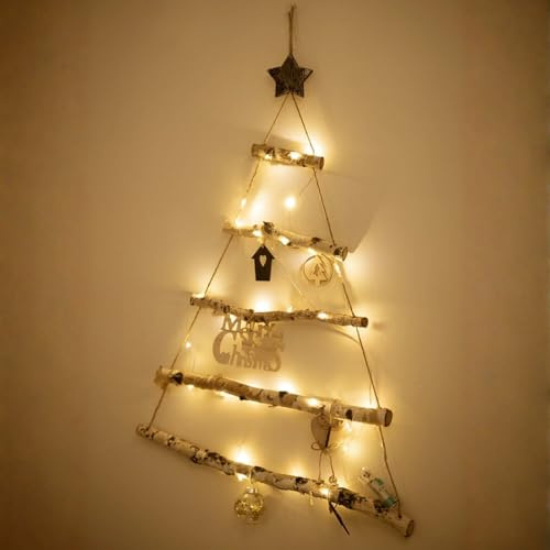Marco Paul LED-Lichterkette mit Holzleiter, rustikal, platzsparend, Wandmontage, skandinavischer Shabby-Chic-Stil, festliche LED-Dekoration (82 cm)