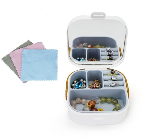 FuninCrea Joyero pequeño con espejo y 3 paños de limpieza para joyas, almacenamiento de joyas, maletín de viaje, joyero portátil para anillos, pendientes, pulseras, Blanco, Clásico