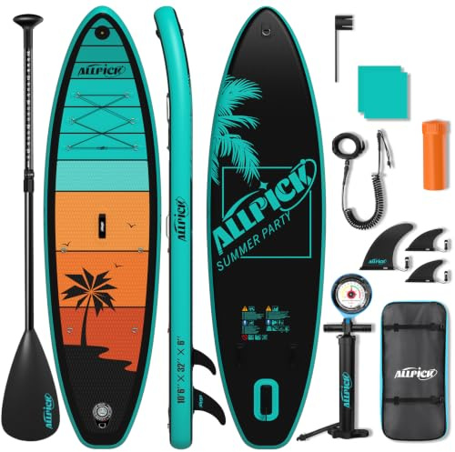 ALLPICK Sup Gonfiabile, Stand Up Paddle Board Gonfiabile, Con Supporto Universale per Fotocamera, Accessori Completi, Tavola da Sup Surf, Principianti e Avanzati, 200kg, Arancione Verde