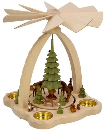 Seiffener Volkskunst Sten Heydenreich | Erzgebirge Pyramide für Teelichter & Pyramidenkerzen | Weihnachtspyramide | 27 cm | mit Rehen farbig