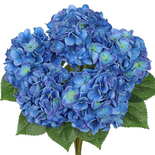 Hollyone Ramo de hortensias azules artificiales, ramo de hortensias falsas grandes de seda sintética para decoración del hogar, arreglos florales, bodas, ramos de flores, decoración de sala de estar