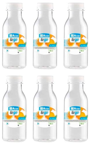 Acan Tradineur - Pack de 6 botellas de plástico con tapón de rosca, reutilizables y reciclables, agua, leche, batidos, zumos, refrescos, frigorífico, fabricadas en España (330 ml - 16 x 6 cm)