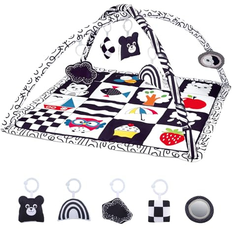 Baby Play Mat, Baby Gym Play Mat for Babies 0-6 Months Infant Tummy Time Mat Activity Gym, Black & White Baby Gymini Playmat, Foldable Nursery PlayMats, Newborn Baby Toddlers Toys Gifts