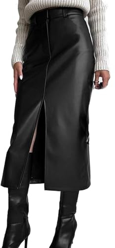 WYLEBER Womens Front Split Leather Pencil Skirt Casual High Waisted Faux Leather Bodycon Midi Skirt for Fall Winter(Black,M)