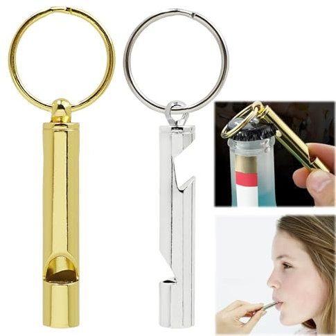 Lot de 2 porte-clés décapsuleurs, sifflet avec décapsuleur, porte-clés en acier inoxydable avec sifflet, ouvre-bière portable multifonction pour le camping, les activités de plein air
