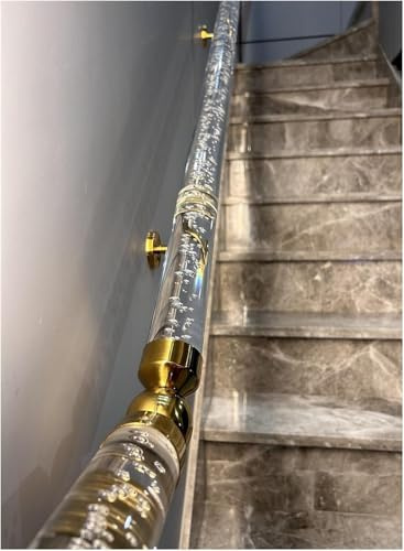 SAFWELAU Banister Rails Stair Handrail Wall Mounted Railing Grab Bar with Silver/Golden Brackets, Clear Bubble Acrylic Handrail Kit for Indoor Stair(Gold,310cm/10.2ft/122in)