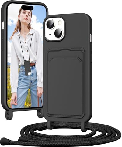 Vauki Handyband Silikon Hülle für iPhone 15 mit Band, Handyhülle mit Kartenfach, Abnehmbar Einstellbar Kordel Kette zum Umhängen, Stoßfeste Schutzhülle Case für iPhone 15 Schnur (Schwarz)