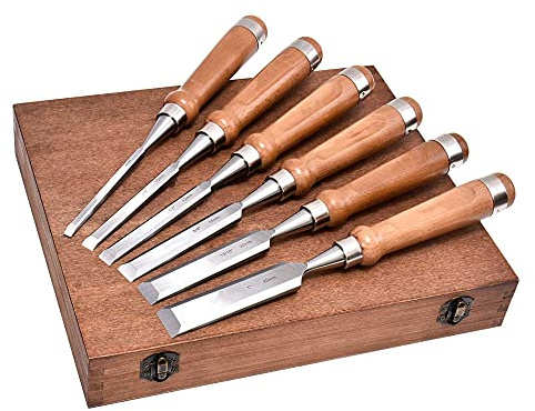 Lot de 6 burins à bois avec manche en noyer dans une boîte de qualité supérieure