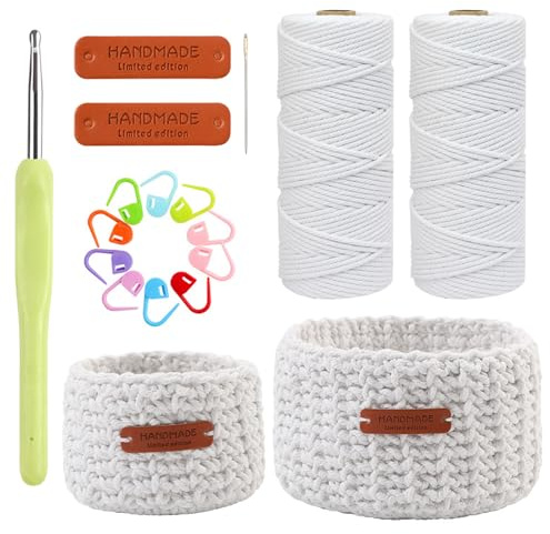 QITIXI:OU Häkelset für Anfänger - 2 Körbe häkeln, Häckel Box Anfänger mit Häkelwolle, crochet set, Schalen Set Häkeln Geschenk Teenager, Häkelset, Häkel Set häkeln lernen Videoanleitung (Weiß)