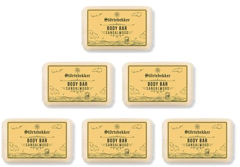 Störtebekker® Premium Body Bar Lot de 6 gels douche solides pour homme et femme au bois de santal, nettoyage naturel, parfum magnifique, fait à la main et sans additifs (6 x 120 g)
