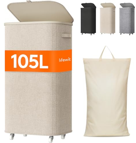 Lifewit Panier a Linge Sale avec Couvercle et 4 Roulettes (à assembler), Corbeille Linge Pliable avec Sac Amovible, Bac Linge, Laundry Basket pour Chambre, Salle de Bain, Buanderie, 105L, Beige
