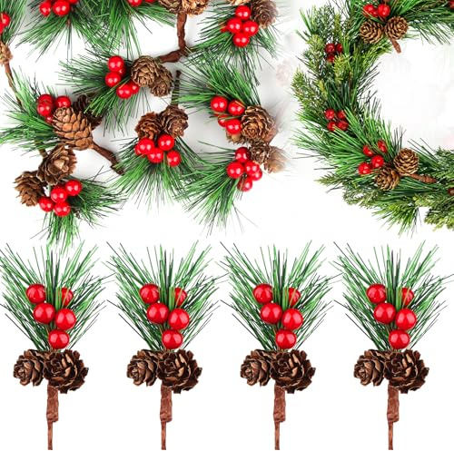 20pcs Künstliche Tannenzweige Mit Tannenzapfen Und Roten Beeren, 11cm Deko Zweige Weihnachten, Weihnachtszweige Künstlich, Kleine Tannenzweige Deko für Diy Weihnachten Kranz Weihnachtsbaum Deko